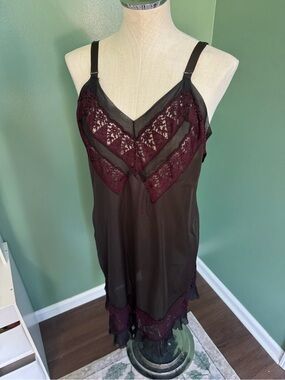 Vintage Sheer Black Slip Dress with Plum Lace Trim